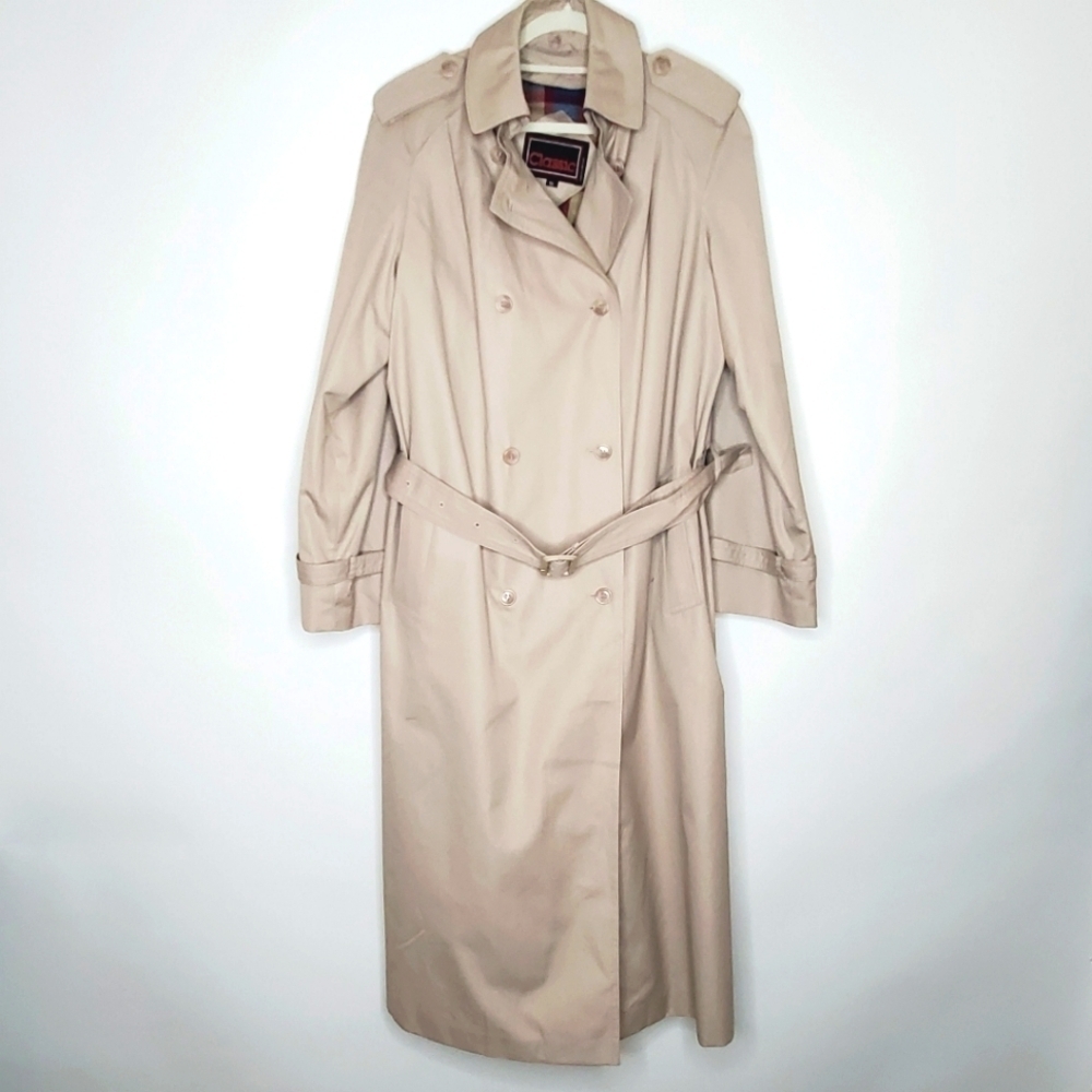 Double-Breasted Classic Trench‎ Coat 16 Belted Overcoat Zip Out Lining Vintage